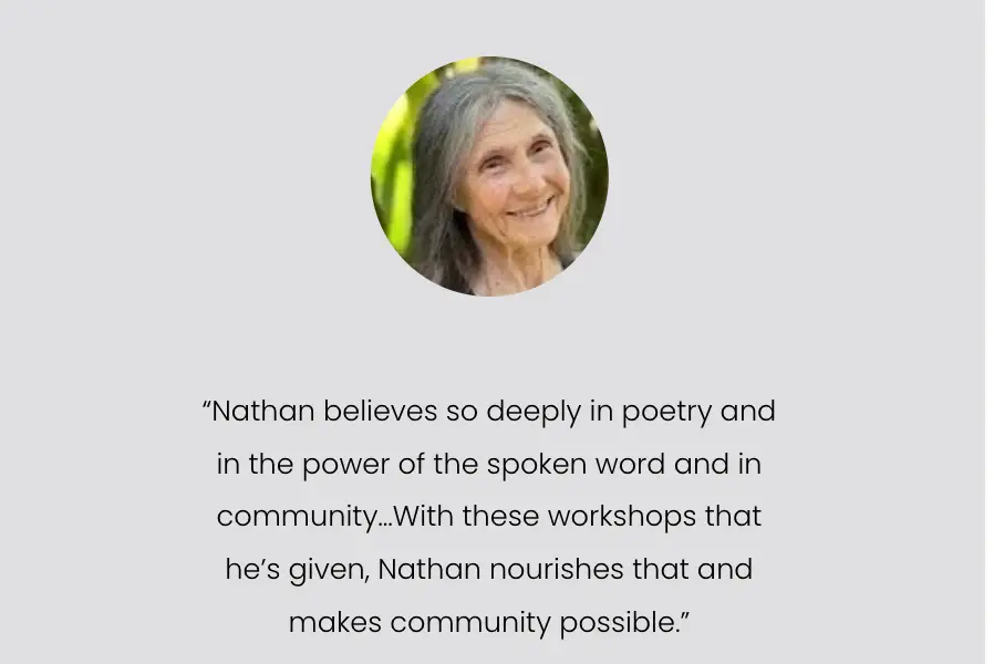 Dr. Ann Buxie, PhD in Mythological Studies with an emphasis in Depth Psychology, focusing on Hinduism and Buddhism leaves review for Nathan Hassall's poetry workshop